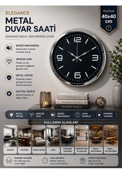 Elegance 40 Cm Metal Büyük Rakamlı Modern Tasarım Krom