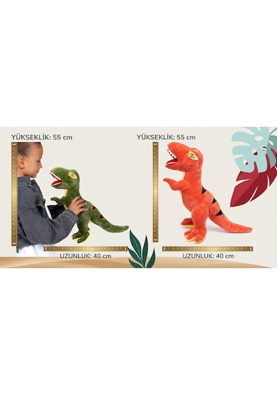 2'li Xl T-rex Dinozor Peluş Oyuncak Seti 55 Cm İthal Soft Kumaş Uyku Oyun Arkadaşı Çocuklara Hediye Çok Renkli