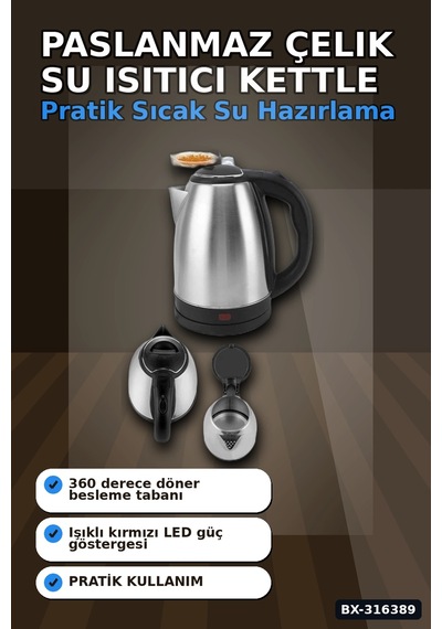 Paslanmaz Çelik Su Isıtıcı Kettle 1.8 Litre Otomatik Kapanan Gizli Rezistans Inox Bx-316389