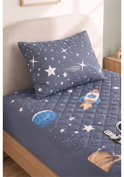 Astronot Desen Tek Kişilik Kapitone Fitted Su Sıvı Geçirmez Yatak Alezi Seti 1 Adet Yastık Kılıflı Gri