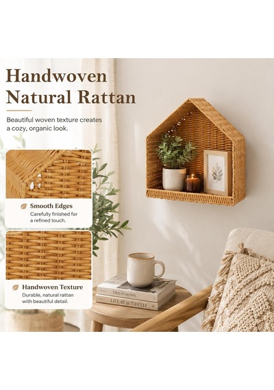 2 Adet Rattan Saklama Sepeti, Ev Şeklinde Duvar Rafı