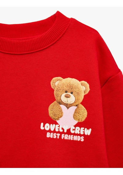 Koton Ayıcık Baskılı Arkası Baskılı Uzun Kollu Bisiklet Yaka Şardonlu Sweatshirt Kırmızı 7wmg10158ak