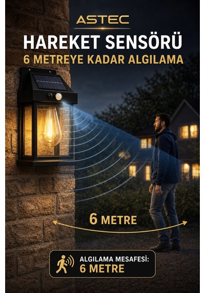 Astec Solar Hareket Sensörlü Duvar Lambası 20w Ip65 Güneş Enerjili Bahçe Apliği Gün Işığı