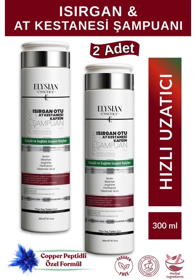 Elysian Essence Isırgan Otu & At Kestanesi & Kafein Şampuanı 2 Adet Copper Peptidli Hızlı Saç Uzatma Uzatan Etkili 300 Ml Tüm Saç Tipleri