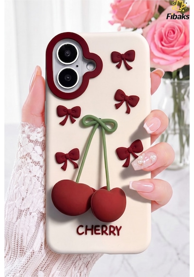 Fibaks iPhone 16 Uyumlu Kılıf 3d Kiraz Ve Fiyonk Figürlü Silikon Kapak
