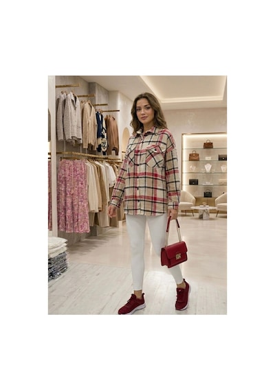 Polologin Butik Bej-kırmızı Ekose Desenli Oversize Oduncu Gömlek Kırmızı