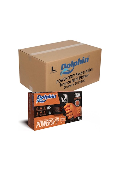 Dolphin Nitril Powergrip Ekstra Kalın Elmas Dokulu Eldiven Turuncu Large Büyük Boy - 50'li 20 Paket