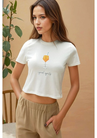 Hiccup Baskı Detaylı Regular Fit Bisiklet Yakalı %100 Pamuklu Crop T-shirt Beyaz