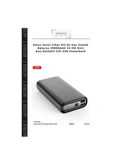 Delux Serisi Cihaz Pili Ek Güç Günlük Batarya 20000mah 22.5w Hızlı Şarj Destekli Çift Usb Powerbank Çok Renkli