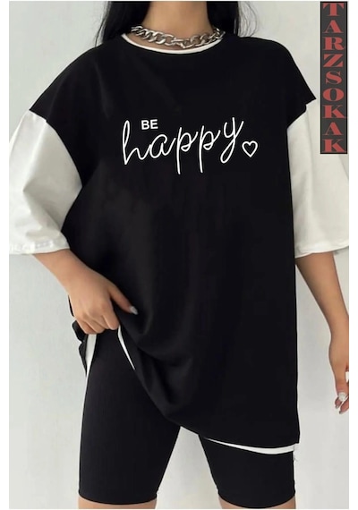 Siyah Oversize Çift Renk Happy Baskılı Unisex Tshirt Beyaz