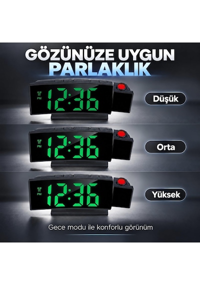Valkyrie Projeksiyonlu Dijital Masa Saati Yeşil Led Ekranlı Alarm Snooze Sıcaklık Tarih Usb Ve Pil Siyah