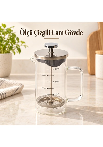 Tr Metal Kapaklı French Press, 350 Ml Ölçülü Borosilikat Cam Filtre Kahve Ve Bitki Çayı Demliği, 5 X 8 X 14 Cm Diğer