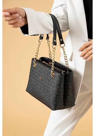 Just Polo Kadın Baskılı Uzun Ayarlanabilir Askılı Şık El Ve Omuz Çantası Shoulder Bag Siyah