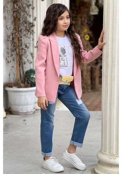 Riccotarz Kız Çocuk Üzeri Harf Pulpayet Tişört Ve Jean Pudra Blazer Ceket Alt Üst Takım Pudra Riccotarz Kız Çocuk Üzeri Harf Pulpayet Tişört Ve Jean Pudra Blazer Ceket Alt Üst Takım Pudra