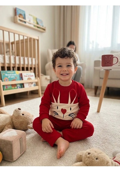 Güneş Kids Kız Çocuk Tavşan Figürlü İkili Takım Kırmızı