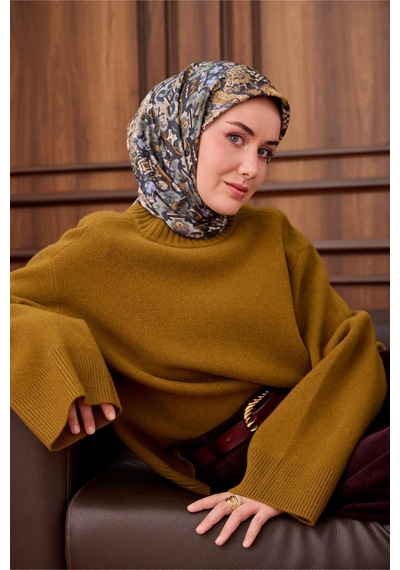Silk Home Twill İpek Eşarp Lacivert Yağ Yeşili Desenli Tok Duruşlu Kaymaz 90x90 Çok Renkli
