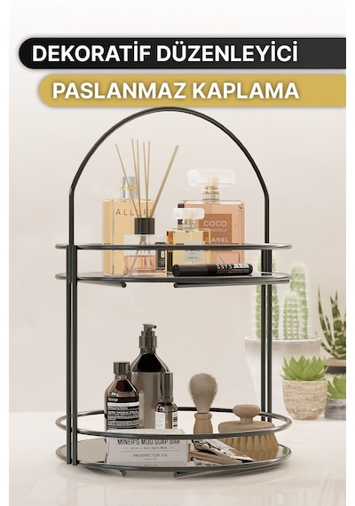 Banyo Düzenleyici 2 Katlı 40cm Siyah Lüks Düzenleyici Organizer Banyo Rafı Şampuanlık Dekoratif Siyah