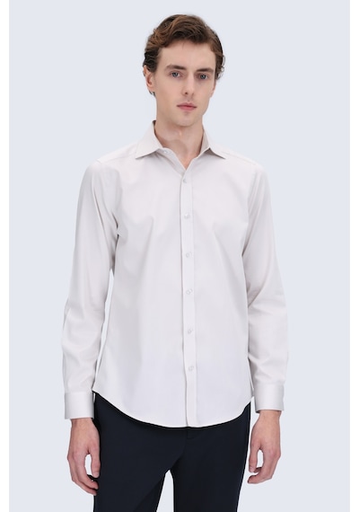 Hatemoğlu Ekru Slim Fit Açık İtalyan Yaka 100% Pamuk Uzun Kollu Spor Gömlek