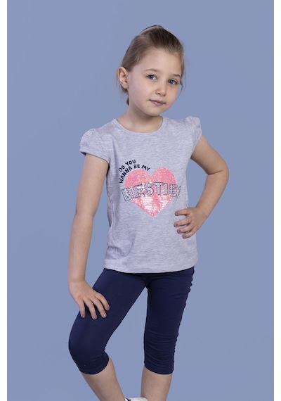 Toontoy Kids Toontoy Kız Bestie Baskılı Pul İşlemeli Taytlı Takım Gri Melanj