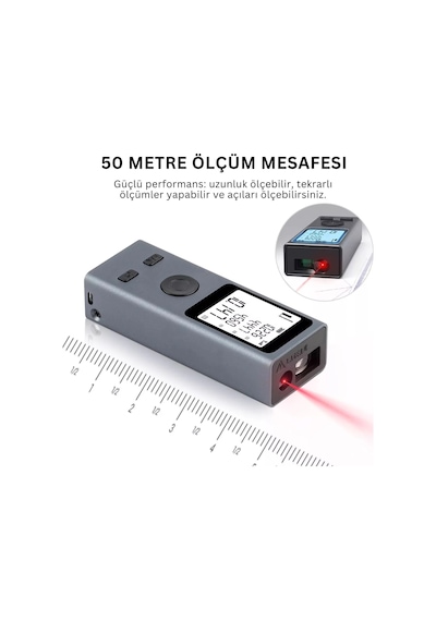 Shopytech Mini Usb Şarjlı Lazer Metre 50 M Dijital Mesafe Ölçer Alan/hacim Hesabı Pisagor Sürekli Öl 1 Adet
