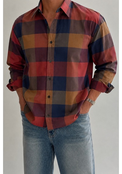 Cool Tarz Erkek Ekose Desenli Oxford Regular Fit Uzun Kollu Gömlek Turuncu Turuncu