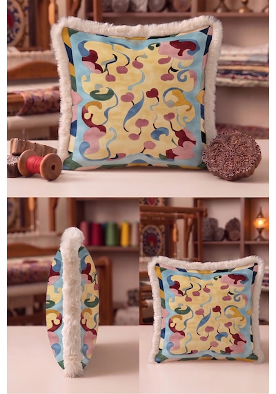 Soyut Çiçekli Pastel Tasarımlı Saçaklı Yastık Kılıfı - Sanatsal Sarı Krem Püsküllü Kırlent Kılıfı Çok Renkli