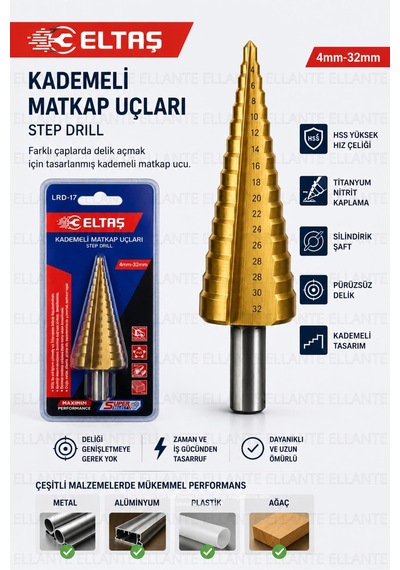 Kademeli Matkap Ucu Hss Çelik Titanyum Kaplama Delik Açma Ucu 4-32 Mm