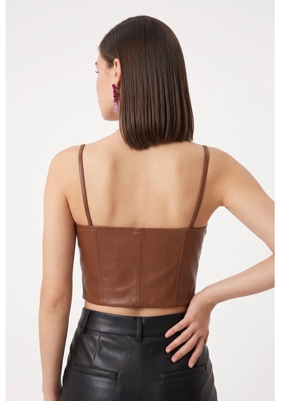 Cemo Deri İnce Askılı Büstiyer Crop Top Taba