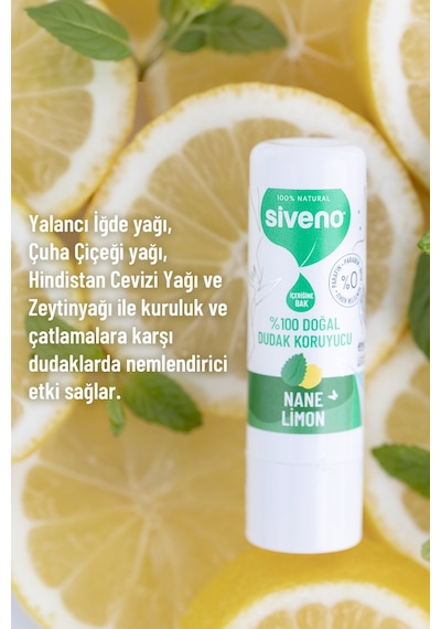 Siveno %100 Doğal Dudak Koruyucu Nane & Limon Bitkisel Lip Balm Krem Nemlendirici Parlatıcı Onarıcı 6 G