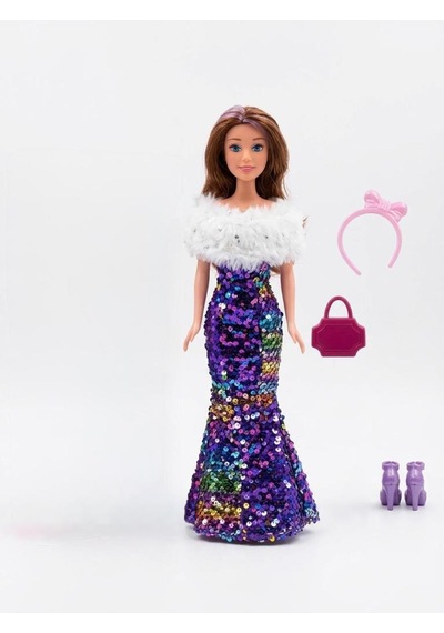 Happy Princess Renk Değiştiren Pullu Elbiseli Oyuncak Bebek - 30 Cm - Aksesuarlı Modaya Uygun Bebek Mor