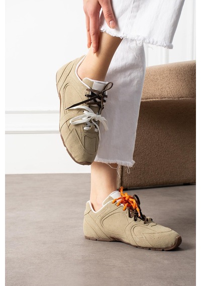Shoetek Wanca Kadın Sneakers Çift Renk Bağcıklı Spor Ayakkabı Bej Süet Bej Süet Bej