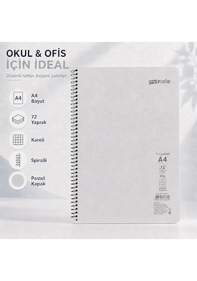 Mynote Flex Pastel A4 72 Yaprak 60 Gr Spiralli Kareli Defter Gri