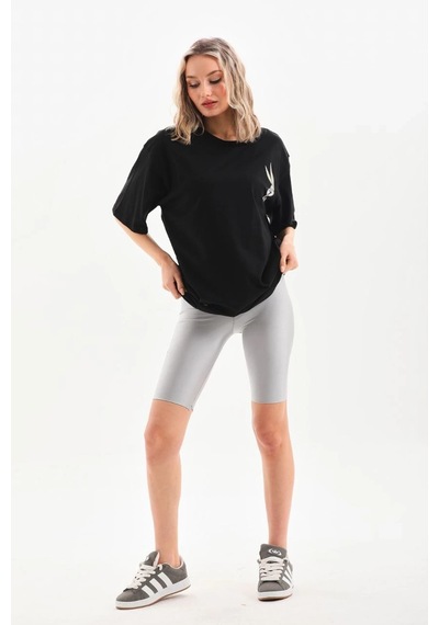 Kadın Baskılı Oversize Kısa Kol T-shirt - Siyah Siyah