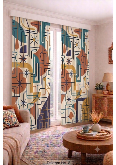 Modern Vintage Desenli Fon Perdesi 140x260 Cm 2 Kanat Dekoratif Dijital Baskılı Premium Salon Oturma Odası Yatak Odası Pencere Perdesi Siyah
