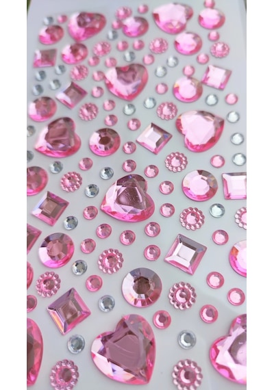 Taş Sticker Açık Pembe Kalpler Yapışkanlı Saç , Yüz Ve Tırnak Taş
