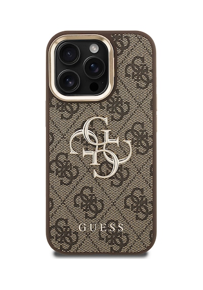 Apple iPhone 15 Pro Max Uyumlu Kılıf Guess Lisanslı Metal 4g Ve Yazı Logolu Kamera Standlı Kapak Kahve