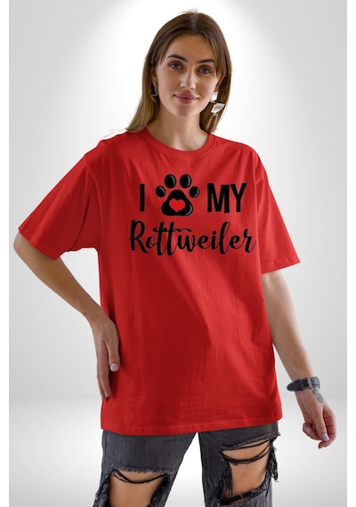 Köpek Sevgisi Rottweiler Pamuklu Bisiklet Yaka Unisex Oversize Boyfriend Dijital Baskılı Kırmızı T-shirt Kırmızı