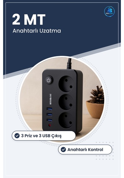 Grup Priz Uzatma Kablosu 3 Prizli Usb Anahtarlı Termal Akım Korum 1 - 10 M