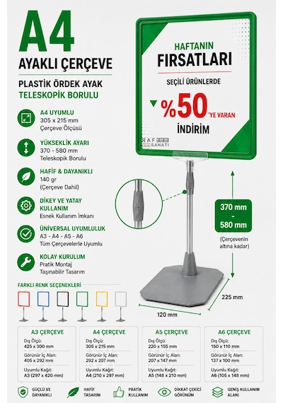 A4 Ayaklı Fiyat Etiketlik Teleskopik Borulu Çerçeve Etiketlik Yönlendirme Levhası Menü Panosu Yeşil