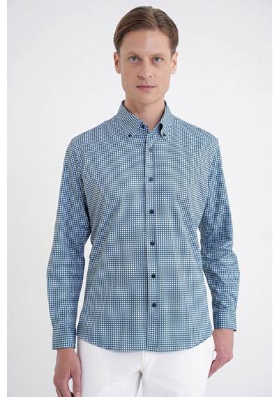 Slim Fit Pötikare Baskılı Pamuklu Yaka Düğmeli Yeşil Gömlek G 1604