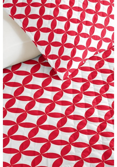 Kırmızı Geometrik Modern Pike Takımı-beyaz Retro Çember Motifli Tek Kişilik Yatak Örtüsü 160x220 Cm Bohem Bozkır Kırığı