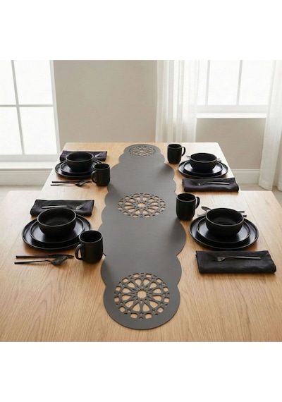 1 Adet Deri Runner-40x140 Cm-yıldız Desenli Runner Gri