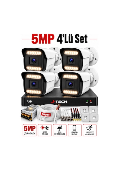J-tech K1015 5mp Renkli Gece Görüşlü 4 Lü Akıllı Güvenlik Kamera Seti Yüz Ve Araç Tanıma
