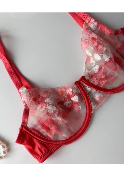 Daniela Kadın Nar Çiçeği Çiçek Desenli Tanga Detaylı Transpran Seksi İkili Sütyen Takım