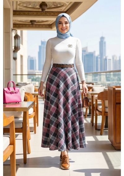 Hb Harma Time Butik Kadın Pembe Ekose Desenli Etek