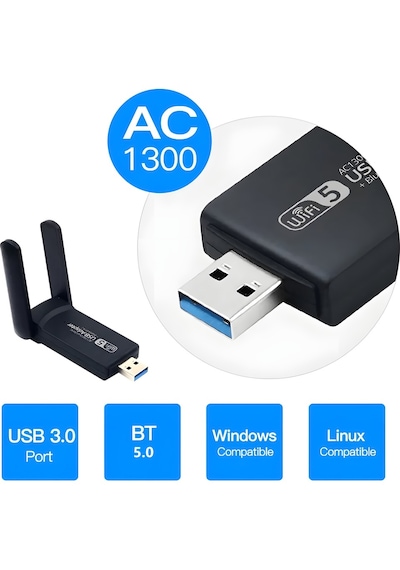 Nivego Ac1300 Mbps Usb 3.0 Adaptör Çift Anten Kablosuz Wifi Alıcı