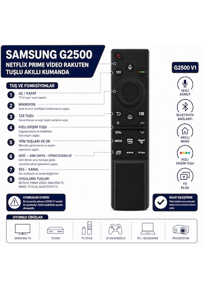 Samsung Uyumlu G2500 V1 Akıllı Tv Kumandası Sesli Komut, Netflix, Prime Video, Rakuten Tv, Bluetooth