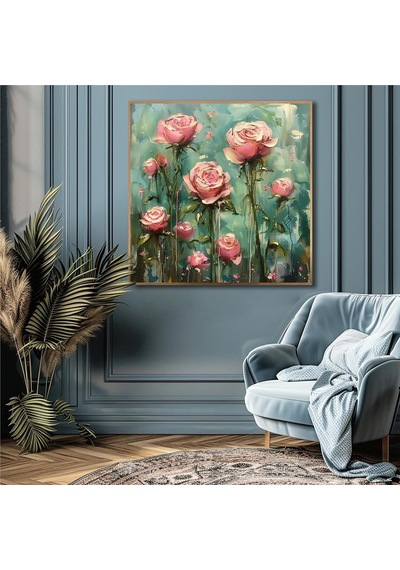 Yağlı Boya Dokulu Tablo Modern Pembe Güller Altın Çerçeveli U02058-178911
