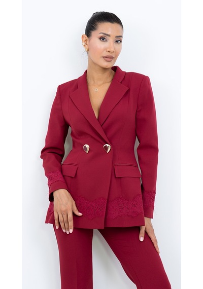 Dorne Moda Kadın Dantel Detaylı Gold Düğmeli Blazer Ceket Pantolon İkili Takım Bordo