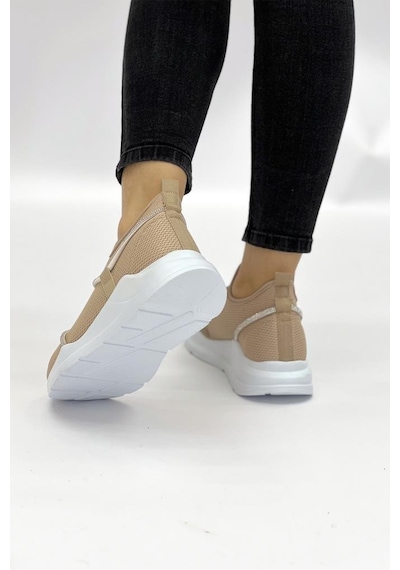 Z6357 Taşlı Fileli Hafif Bej Kadın Sneaker 001